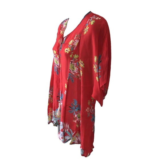 Johnny Was Red Floral Top Drop Tie Tassels Rayon Tunic Boho Women's Medium EUC - Picture 2 of 9